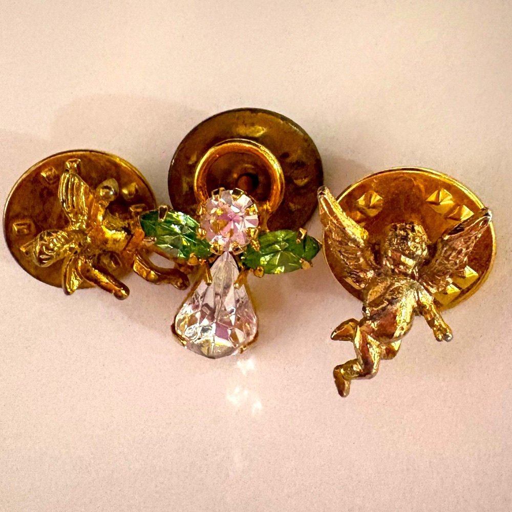 Vintage Gold tone Angel Brooch set with Pink and Green Accents